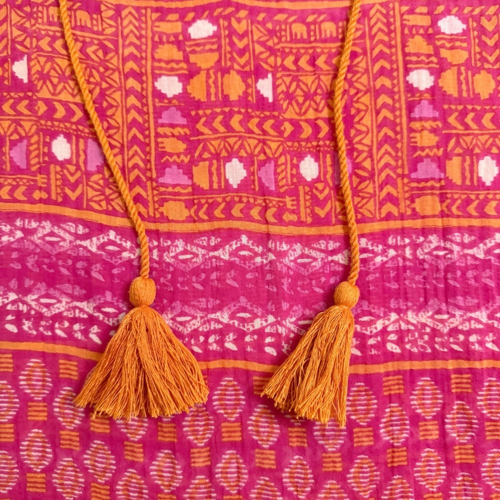 Rockflowerpaper Tunic Women Size M Pink Orange Tribal Print Cotton Tassel Boho - Picture 3 of 7